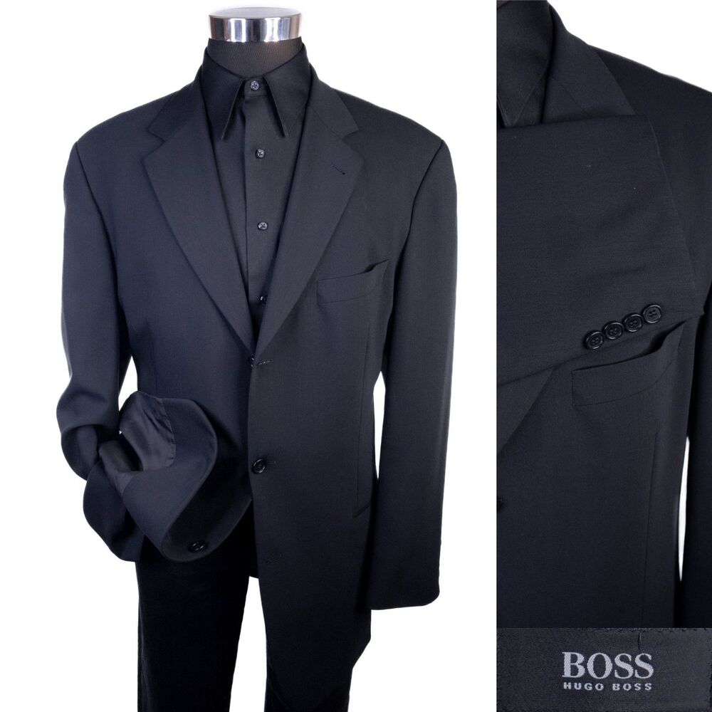 BOSS Hugo Boss Men 3 Button Blazer 44L Wool Solid Black Coat Jacket Blazer